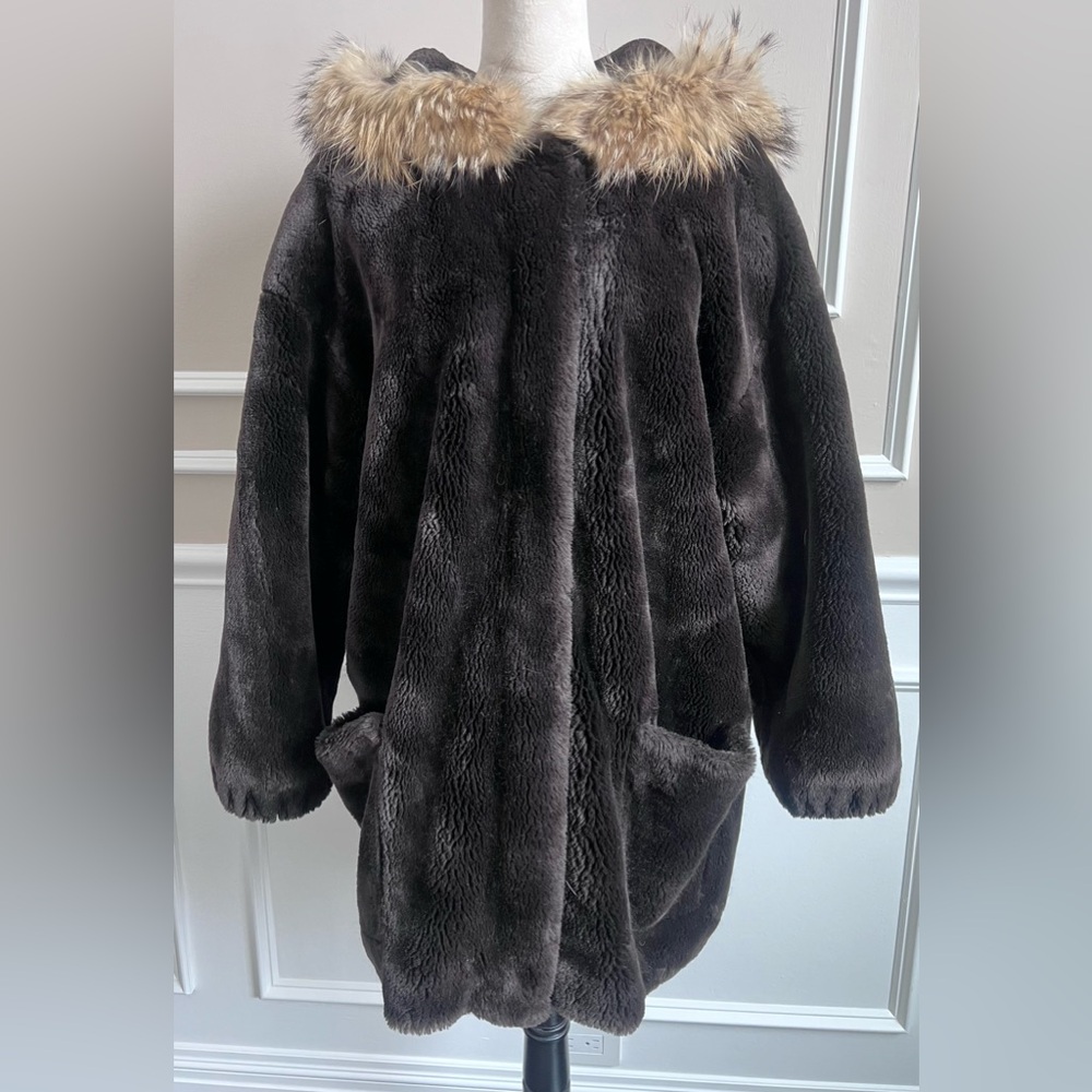 J Percy for Marvin Richards Dark Brown Faux Fur Teddy Jacket with Fur Trim